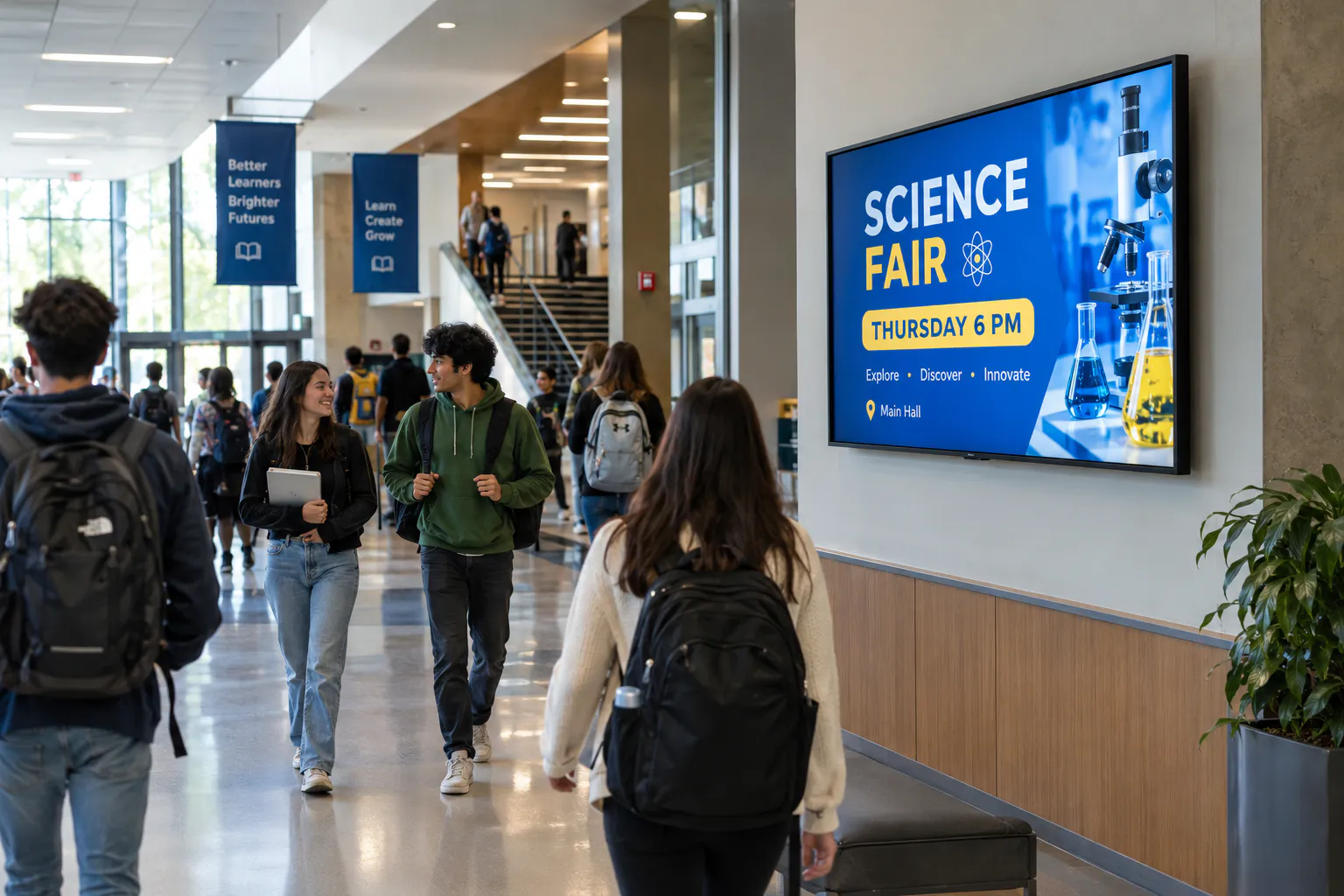 Digital signage for education showing a science fair announcement on a hallway screen as students walk past