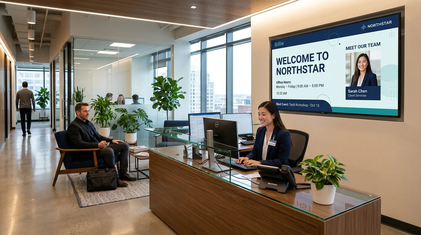 Digital signage for offices showing a welcome message, office hours and a team introduction on a reception area screen