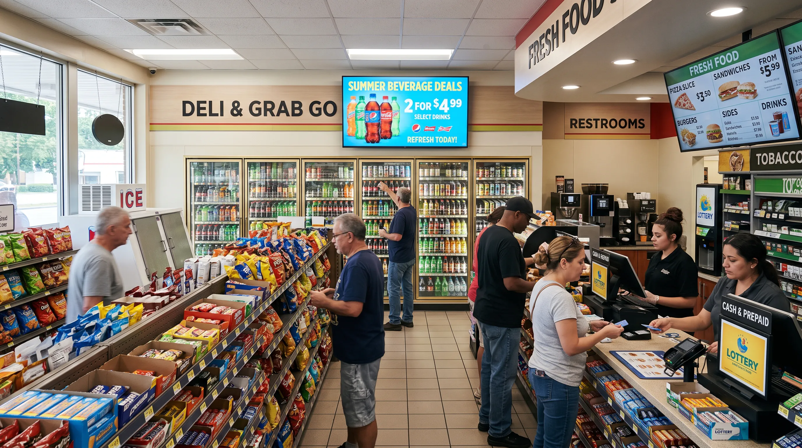 Digital signage screens showing convenience store specials and a food menu inside a gas station.