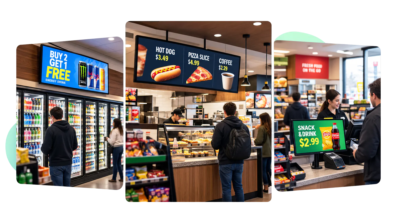 Three gas station digital displays placed above drink freezers, at a food counter, and near checkout.