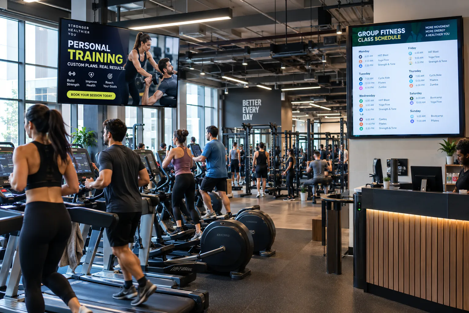Digital signage for gyms showing a personal training promotion above the cardio area and a group fitness class schedule near the front desk