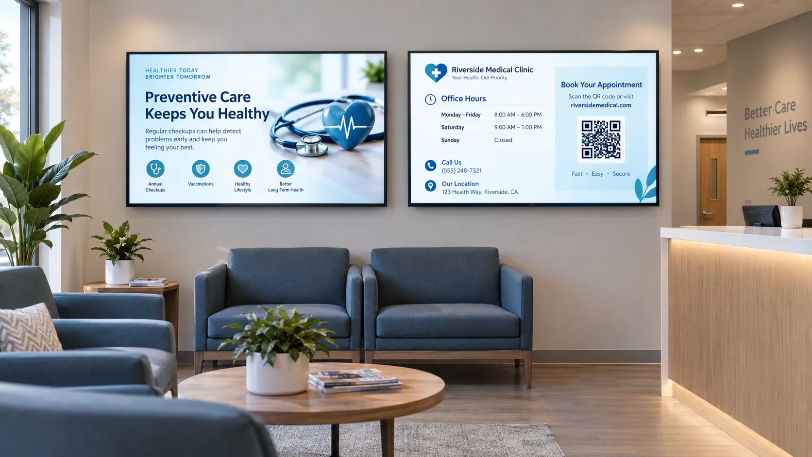 Digital signage for waiting rooms displaying patient education and office information on medical office TV screens
