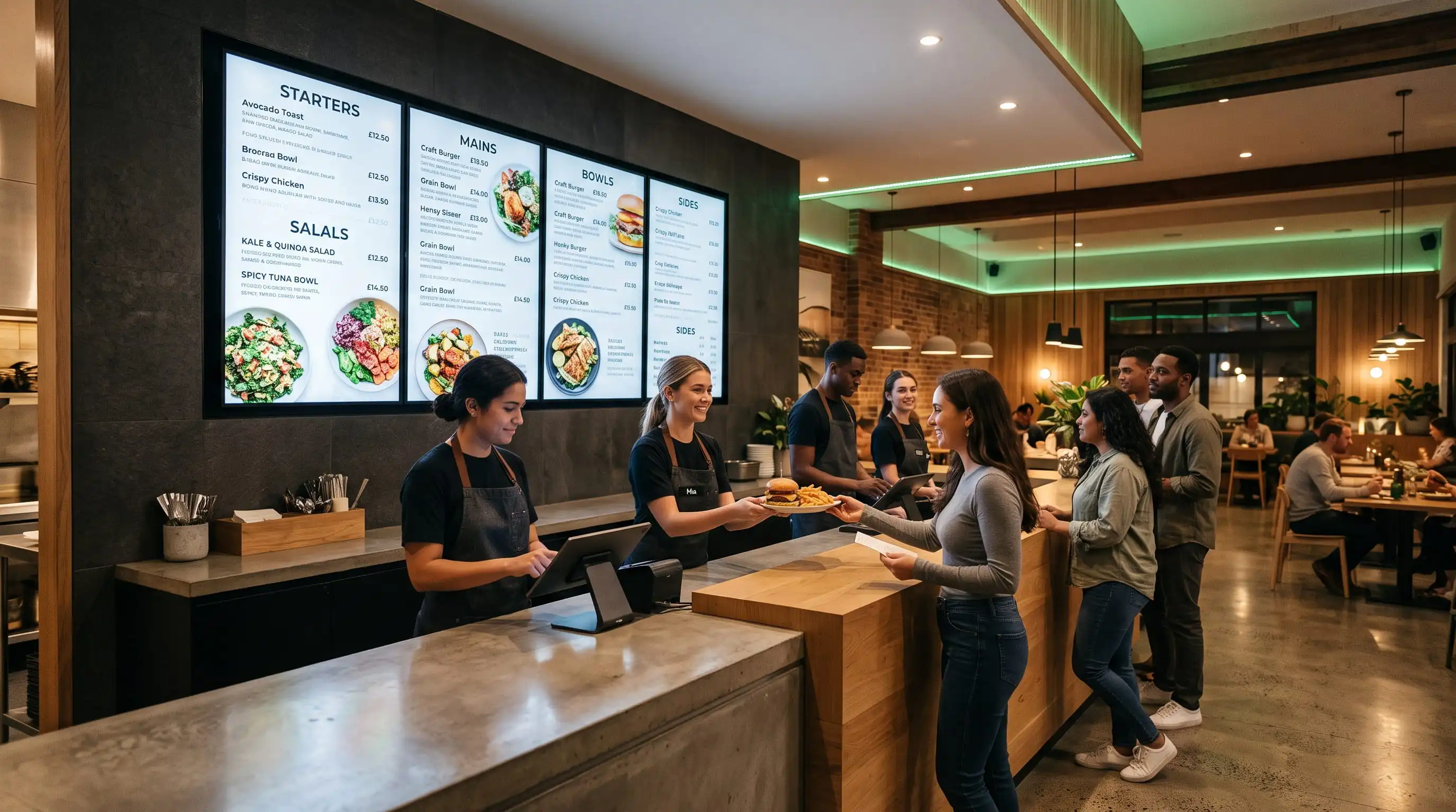 Digital signage for restaurants with digital menu boards displaying food and prices above a restaurant counter